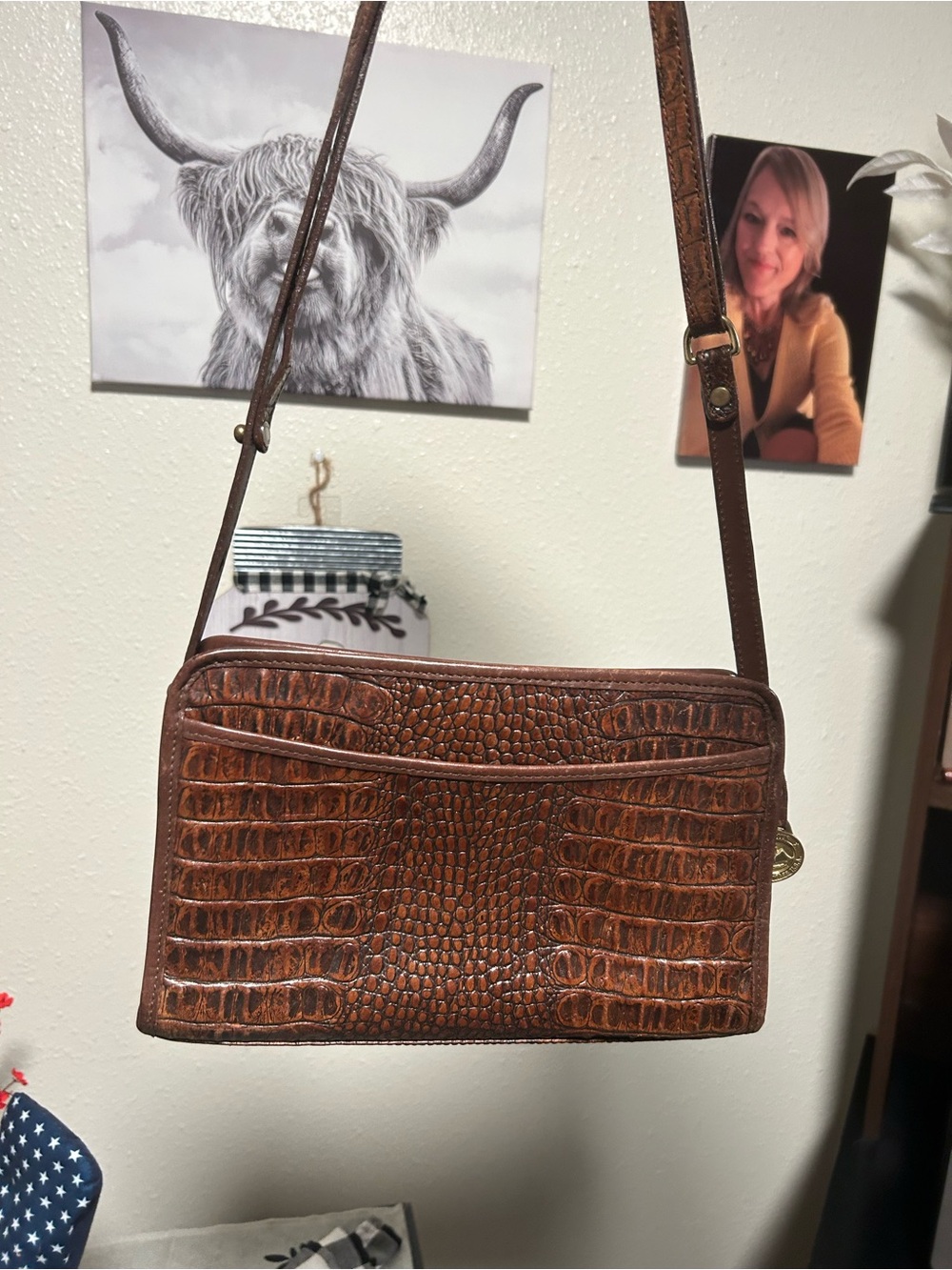 Brahmin Vintage Cognac Croc-Embossed Leather Crossbody